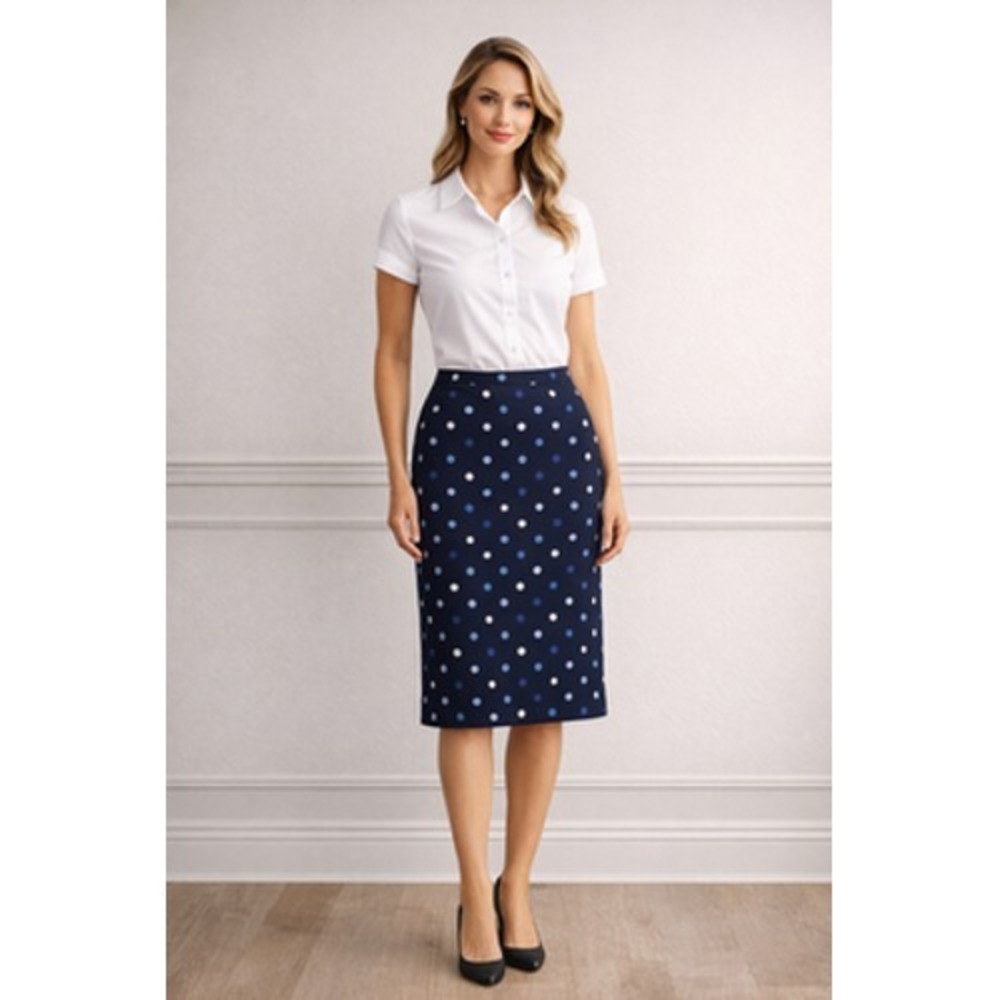 Pendleton Skirt Womens 14 Petite Blue Polka Dot Straight‎ Midi Career Work